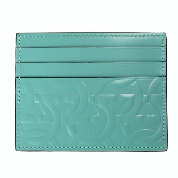 Salvatore Ferragamo Men's Turquoise Blue Logo Print 100% Leather Card Case - Picture 2 of 4